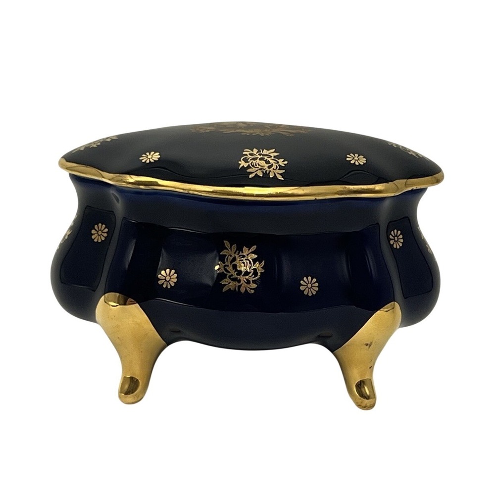 VINTAGE LIMOGES FRANCE CASTEL COBALT BLUE 22K GOLD OVAL PORCELAIN TRINKET BOX